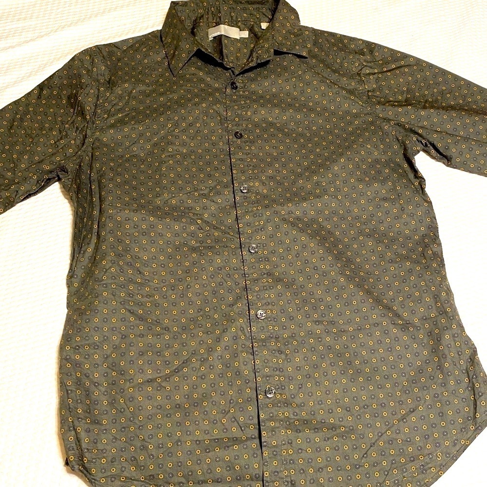 Vince Men's Button Down Small Green Yellow Black Pattern